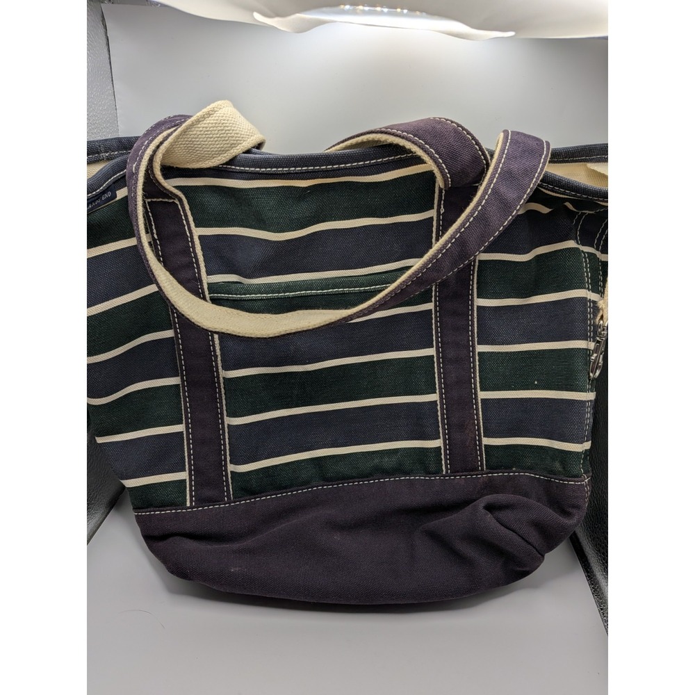 LANDS END Heavyweight Canvas Tote Open Striped Boat Tote Pockets Key Fob Med